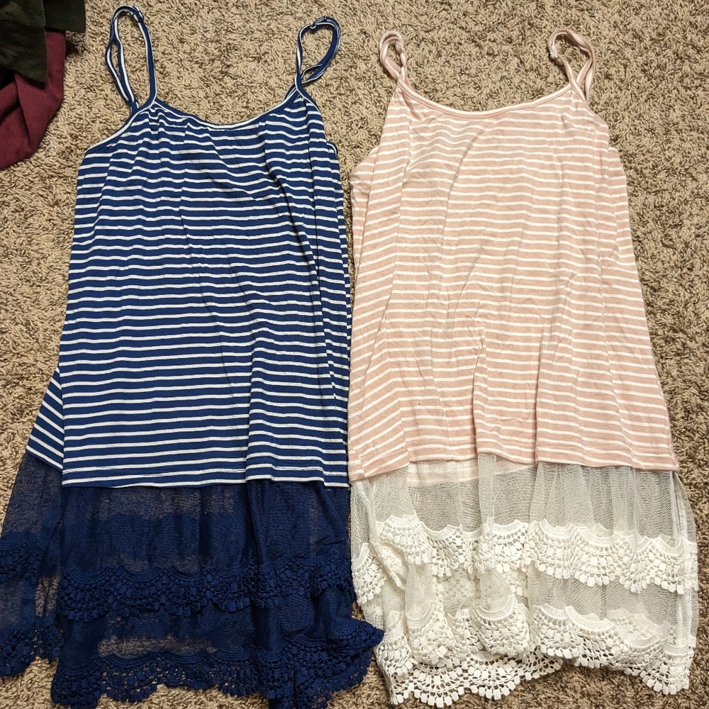 Grace & Lace Striped Lace Extension Hem Tops - Blue and Pink